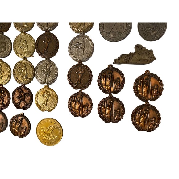 HUGE Vtg Lot Sports 100+ Medals Awards All Metal Sports Track Volleyball Archery - Picture 3 of 16